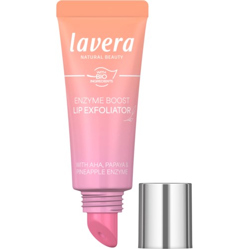 Pink tub med Lavera enzym lip exfoliator och ett silverlock bredvid.