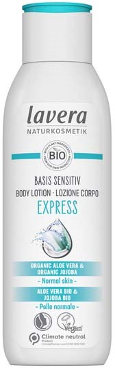 Lavera body lotion with aloe vera and jojoba for sensitive skin, organic and vegan, in a white and blue bottle.