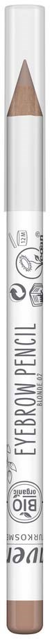 A white eyebrow pencil with a pointed tip, container symbols, and text indicating it is an eyebrow pencil.