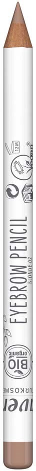 A white eyebrow pencil with a brown tip, labeled 'Eyebrow Pencil' and various icons and text on the side.