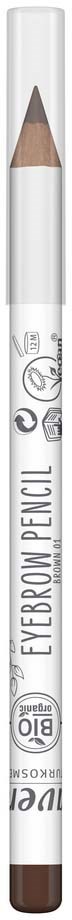 A brown eyebrow pencil with a sharp tip and white body, labeled 'Eyebrow Pencil' along with some icons.