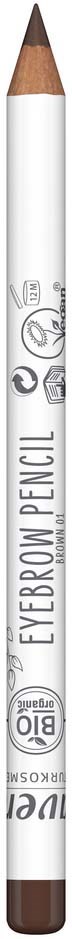 A white eyebrow pencil with a brown tip and grey images and text on it.