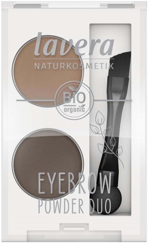 A cosmetics set with two powders for eyebrows and eyes, and a brush, all with natural, organic design.