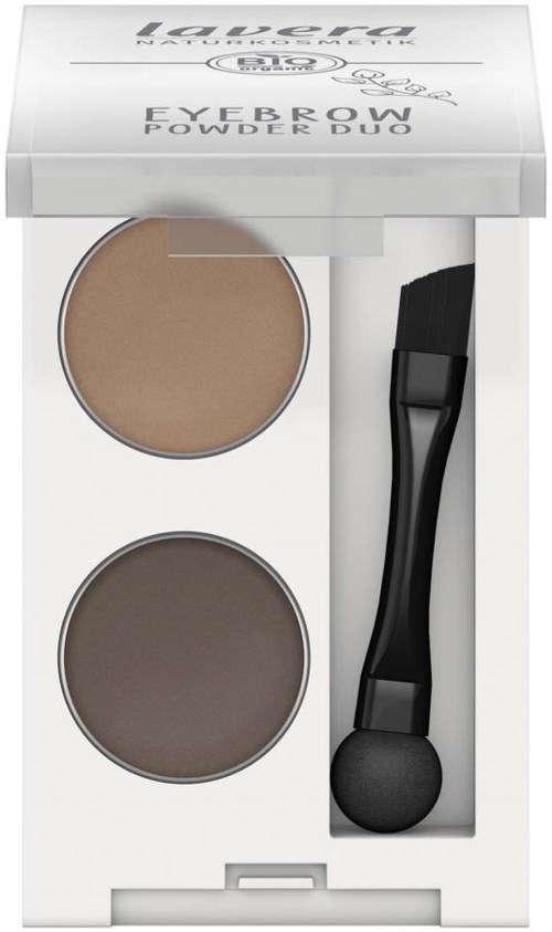 A white box contains two brown and gray eyeshadow pans and a small applicator brush.