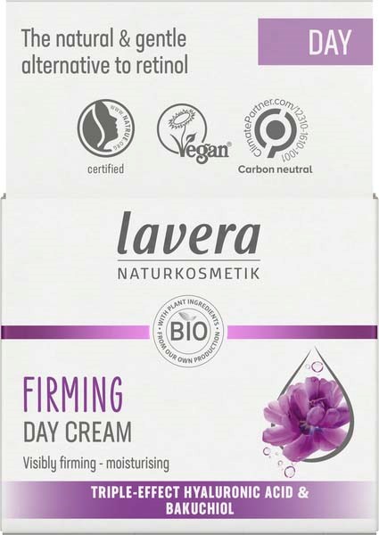 The label shows Lavera firming day cream with hyaluronic acid and bakuchiol, certified organic and vegan, for natural, gentle skincare.