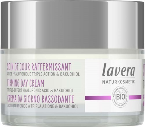 A jar of firming day cream from Lavera Naturkosmetik with bio badge, mainly white with purple accents.