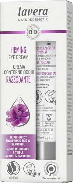 A vertical box of eye cream with purple, white, and gray colors, showing a flower, icons, and text about benefits.