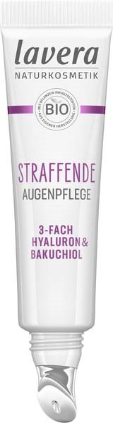 A tube of eye cream labeled 'Lavera' with ingredients like hyaluronic and bakuchiol, targeted for anti-aging.