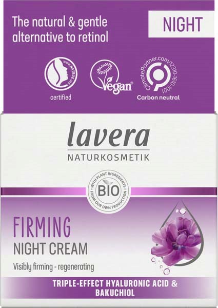 Purple packaging for Lavera firming night cream, highlighting natural ingredients and vegan, organic certifications.