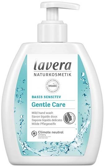 A white bottle with a pump shows Lavera Gentle Care hand wash with organic and climate neutral labels.