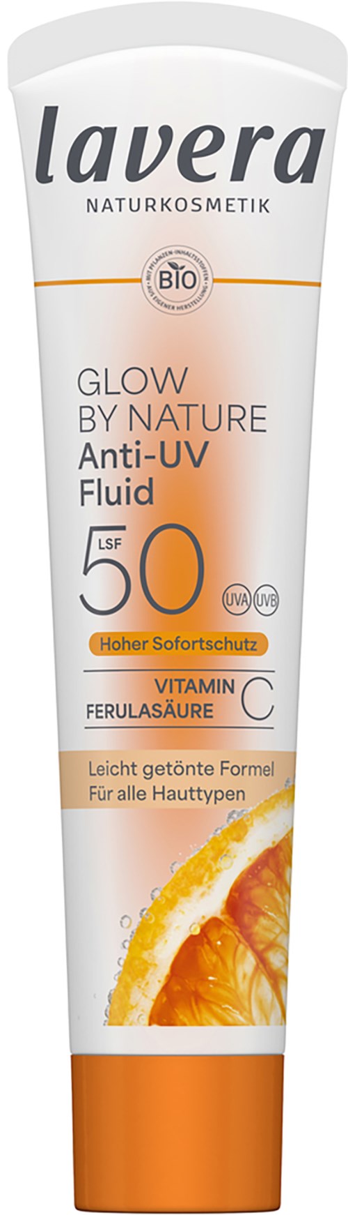 Lavera sunscreen tube with orange and white design, SPF 50, vitamin C, and citrus fruit imagery.