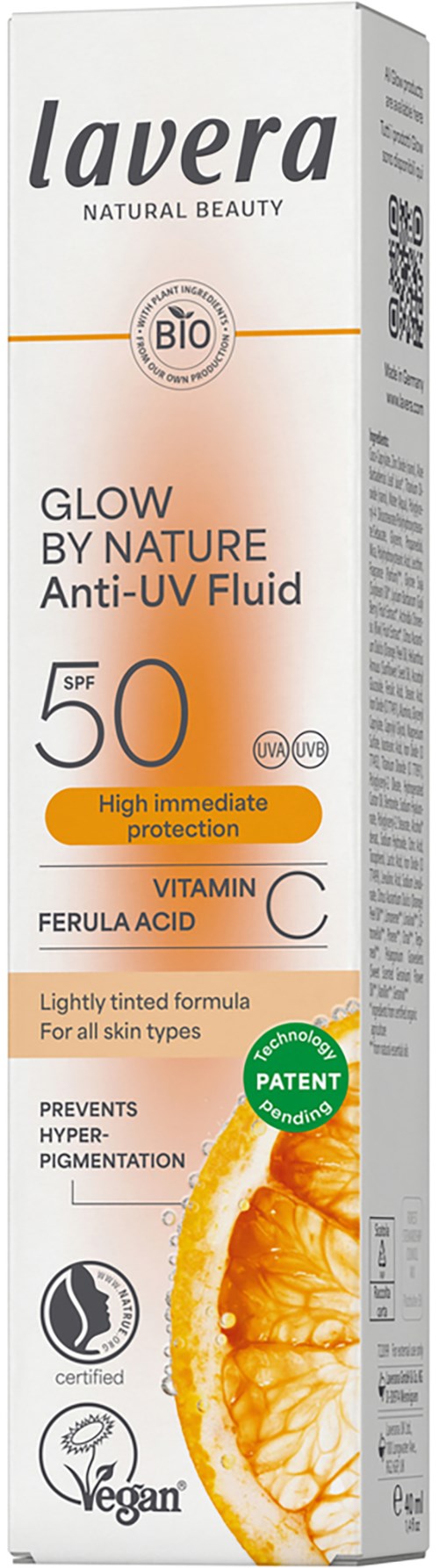 A tall skincare product box labels it as Lavera, SPF 50, anti-UV fluid, with orange and white colors, and mentions Vitamin C.
