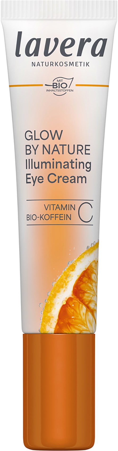 A tube of eye cream labeled 'Lavera,' includes orange and white colors, orange slice image, and mentions vitamins and caffeine.