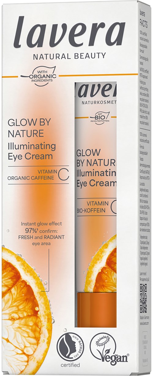 A box of Lavera illuminating eye cream with orange slices, stating it is natural, vegan, and organic.