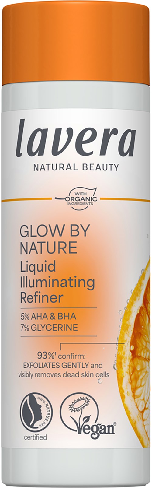A white bottle with orange top, labeled Lavera, promotes natural, vegan skincare with organic and illuminating features.