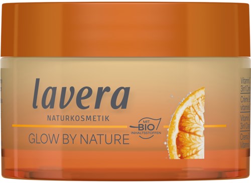 Jar of Lavera skincare product with an orange lid and a label showing a slice of orange. The brand promotes natural, organic ingredients.
