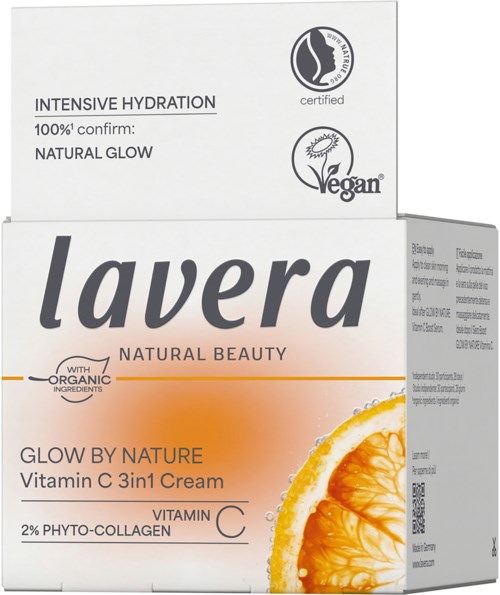 Lavera cream with orange image, promoting natural and organic ingredients, and vitamin C for skin glow and hydration.