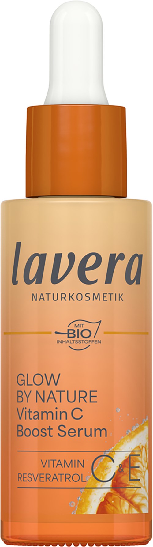 Lavera vitamin C serum in a beige bottle with a white dropper and orange cap. Text says Glow by Nature.