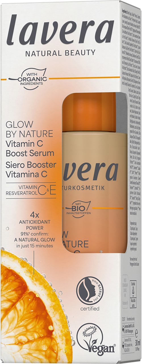 A box of Lavera Vitamin C Boost Serum for brightening skin with organic ingredients, vegan, and antioxidant-rich.