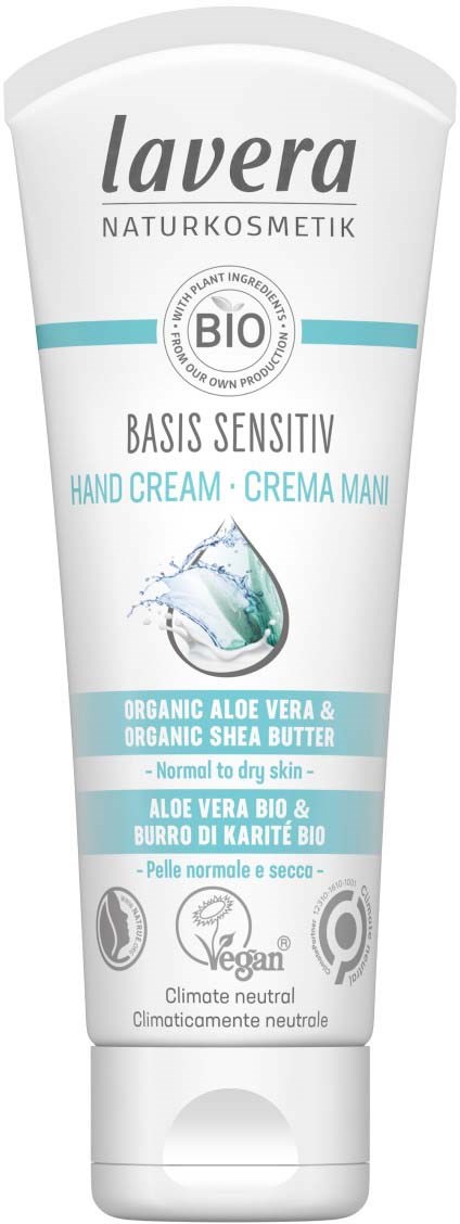 A white tube of Lavera hand cream with blue and black text, featuring a water drop and leaf design, labeled as organic aloe vera.