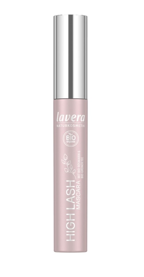 Pink tube of Lavera mascara with silver cap, labeled 'High Shine'.