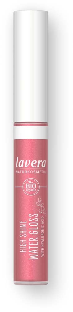 Vaalen ja valkoinen huulikiiltoputki, jossa on Lavera-brändi ja tuotteen kuvaus High Shine Water Gloss.