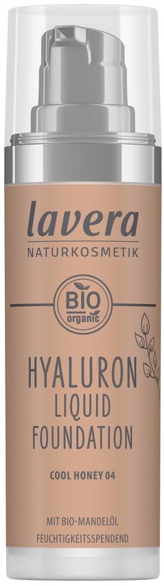 A pump bottle of Lavera Hyaluron Liquid Foundation with a beige label and black text, featuring a leaf design.