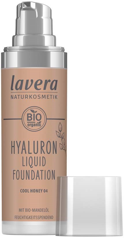 A beige bottle with a pump, labeled 'Lavera Hyaluron Liquid Foundation' and mentions 'Bio' and organic ingredients.