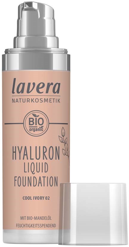 A beige bottle with a silver cap, labeled 'Lavera Hyaluron Liquid Foundation, Bio organic, Cool Ivory 02,' and a clear pump.
