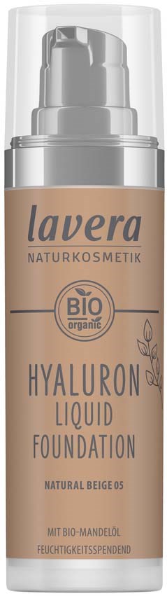 A beige bottle with a pump, labeled Lavera Hyaluron Liquid Foundation, with small plant illustrations and organic certification.