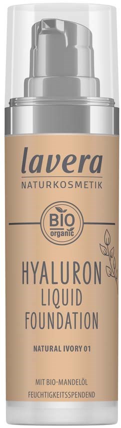 Lavera Hyaluron Liquid Foundation in a pump bottle, labeled as organic with natural ivory shade, includes almond for moisture.