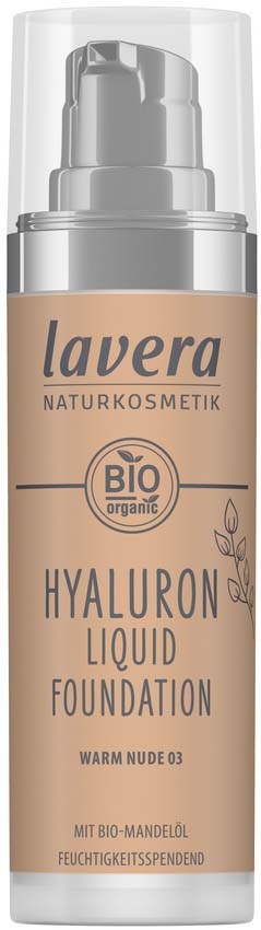 The product is a beige pump bottle labeled 'Lavera Hyaluron Liquid Foundation' with a clear cap.