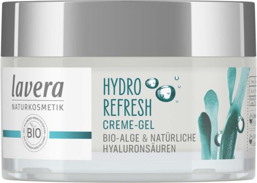 A jar of Lavera Hydro Refresh Creme-Gel with natural ingredients and hyaluronic acids.