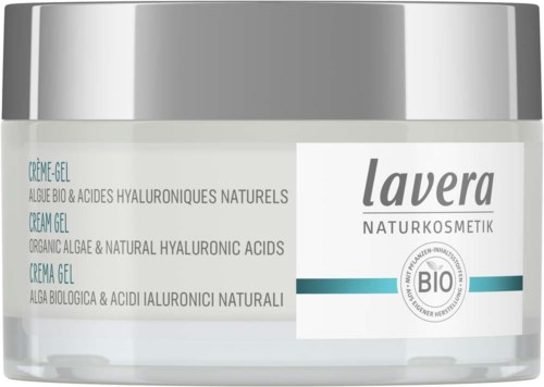 A jar of skincare cream labeled 'Lavera' with natural ingredients and 'Bio' certification.