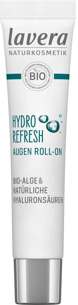 A white tube with a silver cap, labeled 'Lavera' and 'Hydro Refresh' for eye roll-on, with blue and green text.