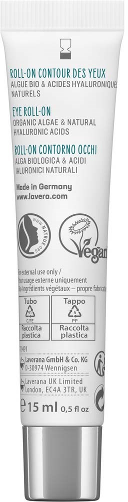 A tube of eye cream with natural ingredients and vegan label, made in Germany, size 15 ml.