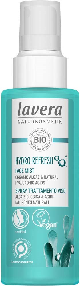 A teal spray bottle labeled Lavera Hydro Refresh Face Mist with natural ingredients and vegan certification.
