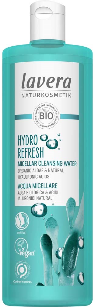 A teal bottle of Lavera Hydro Refresh Micellar Cleansing Water with white and blue labeling, featuring water droplets design.