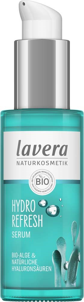 Lavera Hydro Refresh Serum in a pump bottle with blue liquid, labeled with natural ingredients and eco-friendly claims.