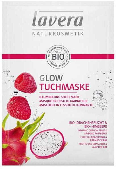 A sheet mask with raspberry and dragon fruit, designed to make skin glow and look bright. The packaging has images of the fruits.
