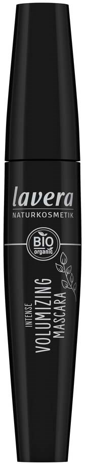 A black mascara tube with white and gray text, brand name Lavera, organic certification, and product name.