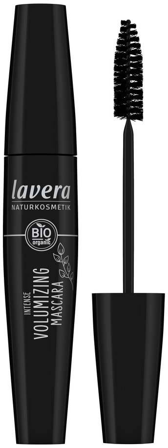 A black mascara tube with the lid open, showing the mascara brush. Laverna branding and description on the tube.