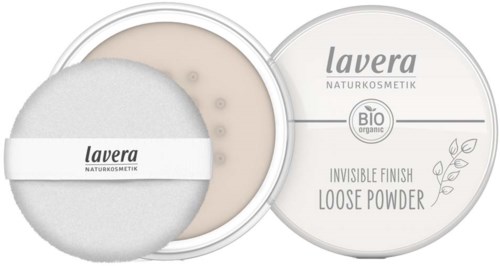 A container with loose powder and an applicator puff for makeup, labeled as organic and invisible finish.