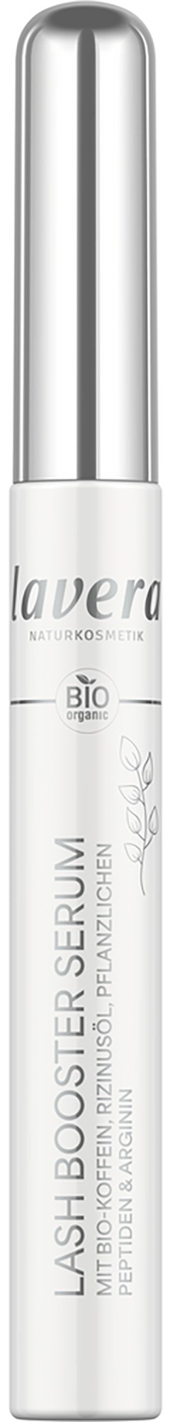 A white and silver container of lash booster serum with text on it, used for enhancing eyelashes.