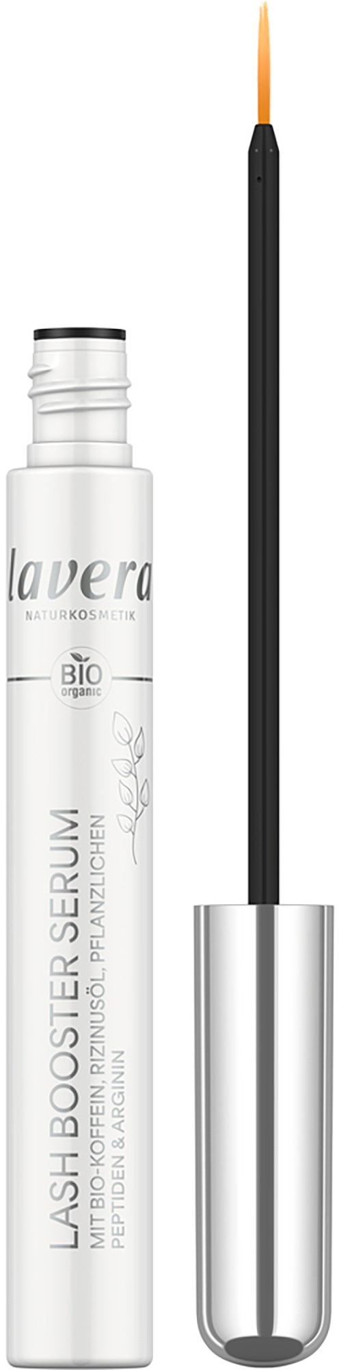 A white tube of lash serum with a black and orange brush applicator.