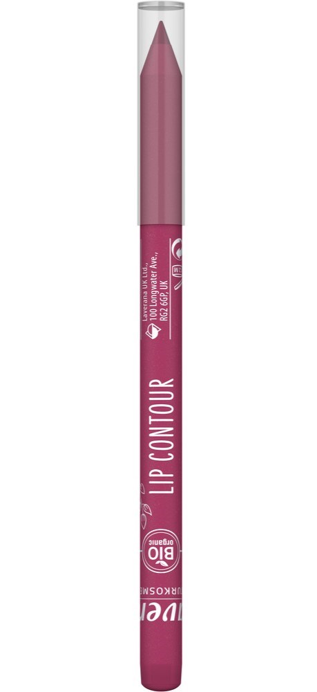 A pink lip liner pencil with white text and logos, pointing upward.