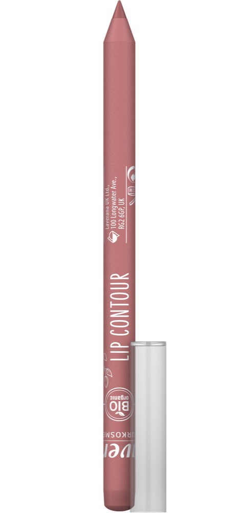 A pink lip contour pencil with a cap stands vertically, labeled with the brand and product details.