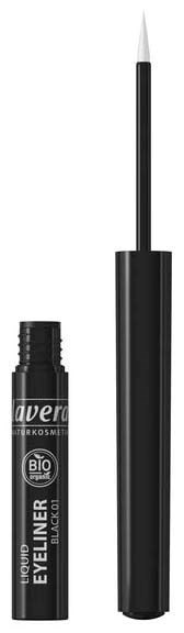 A black liquid eyeliner pen with a brush tip, shown with the cap removed and placed beside it.
