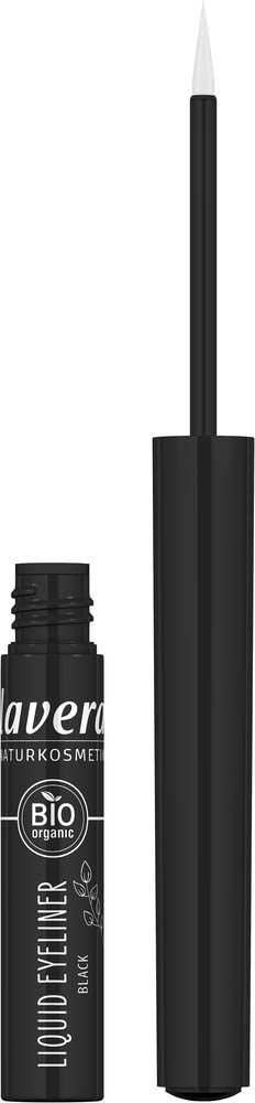 En svart flytende eyeliner med fin børste, med en etikett som viser økologiske og biodynamiske sertifiseringer.