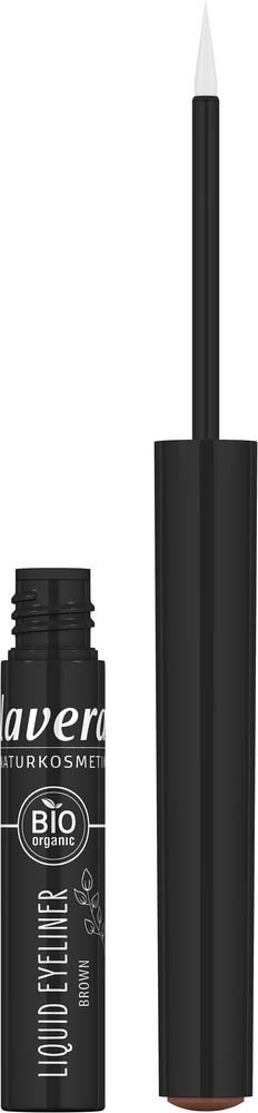 Svart flytende eyeliner med tynn hvit børste og svart lokk og etikett.